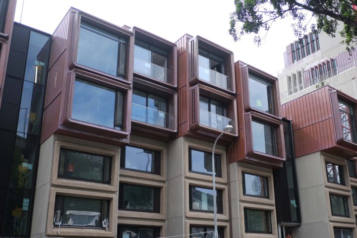 a building next to a window