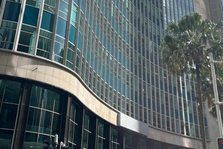 a tall glass building